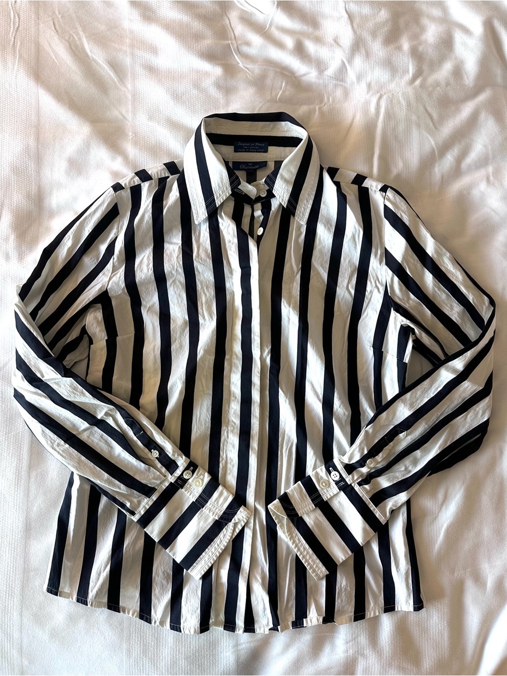 Faconnable Women’s Classic Black & White Stripe Shirt Elongated Cuffs M